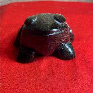 Vintage hand Carved black & Gold Stone Frog Figurine sheen Obsidian